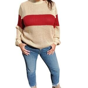 Roolee Knit Long Sleeve Mock Neck Striped Cream/Red Sweater Women Sz XXXL